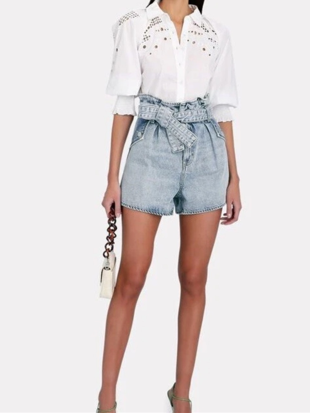Veronica Beard Light Blue Paperbag Denim Shorts with Tie Belt